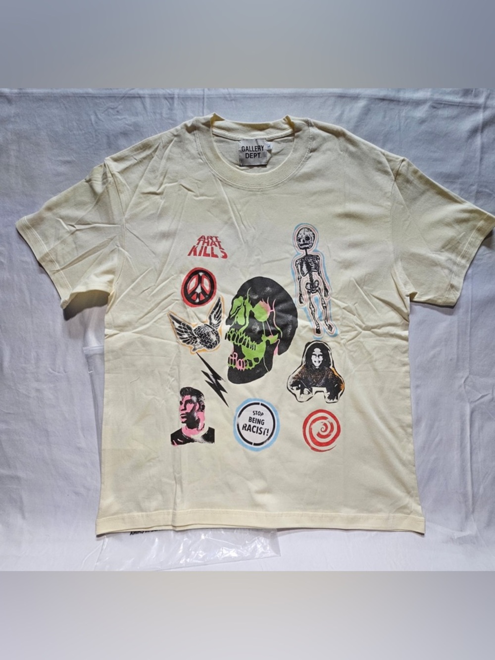 Gallery Dept Cream Tee with Multicolor Skull and Red Text